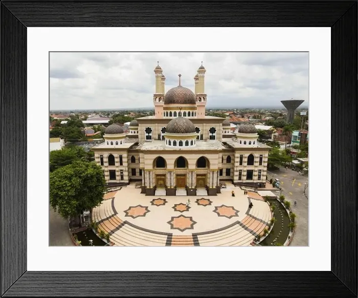 Framed Print : Aerial view of the mosque in Klaten, Indonesia starting from the Door. Klaten, Indonesia - December 2020