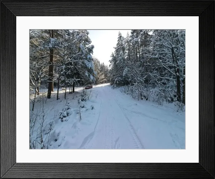Framed Print : Winter landscape, snowy forest and little red car Framed Print : Winter landscape, snowy forest and little red car