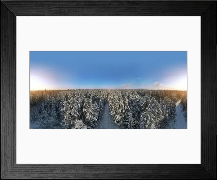 Framed Print : photo from a flying drone, a small planet and a winter landscape, pines and spruces are covered with snow Framed Print : photo from a flying drone, a small planet and a winter landscape, pines and spruces are covered with snow