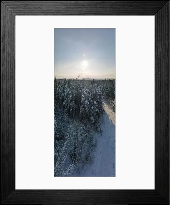 Framed Print : photo from a flying drone, a small planet and a winter landscape, pines and spruces are covered with snow Framed Print : photo from a flying drone, a small planet and a winter landscape, pines and spruces are covered with snow