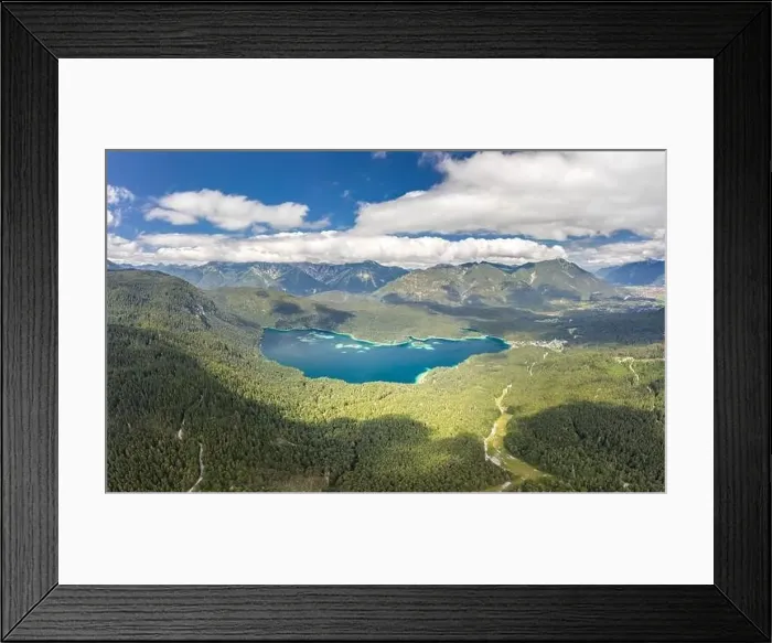 Framed Print : Aerial droe shot of Eibsee Lake at foot of Zugspitze in Germany Framed Print : Aerial droe shot of Eibsee Lake at foot of Zugspitze in Germany
