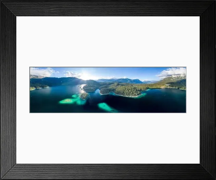 Framed Print : 360 Panoramic aerial view of Eibsee lake by Zugspitze in Germany summer before sunset Framed Print : 360 Panoramic aerial view of Eibsee lake by Zugspitze in Germany summer before sunset
