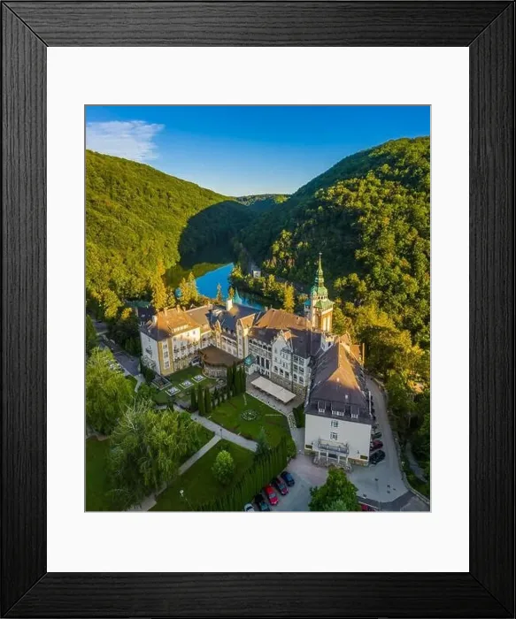 Framed Print : Lillafured, Hungary - Aerial view of the famous Lillafured Castle in the mountains of Bukk near Miskolc on a sunny Framed Print : Lillafured, Hungary - Aerial view of the famous Lillafured Castle in the mountains of Bukk near Miskolc on a sunny