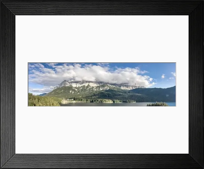 Framed Print : Panoramic aerial view of Zugspitze mountain heavy fog by Eibsee Lake in Germany