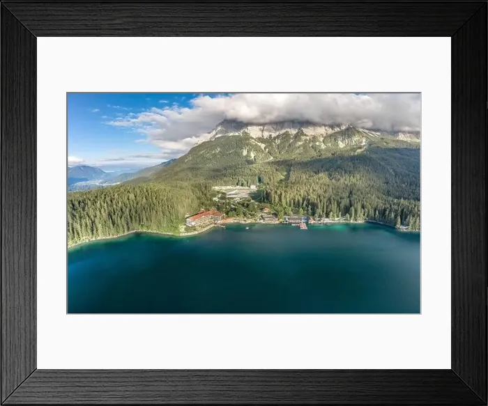 Framed Print : Aerial drone view of Eibsee Lake cable car station by Zugspitze in Germany Framed Print : Aerial drone view of Eibsee Lake cable car station by Zugspitze in Germany