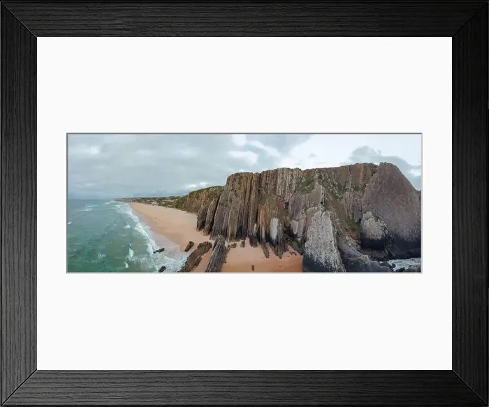 Framed Print : Aerial view of waves on a beautiful sandy ocean beach and cliff. Panorama atlantic coastline Framed Print : Aerial view of waves on a beautiful sandy ocean beach and cliff. Panorama atlantic coastline