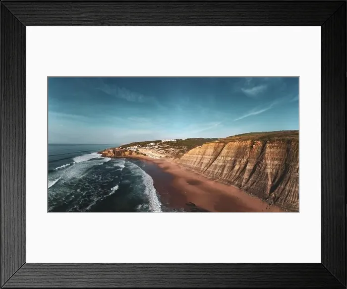 Framed Print : Aerial view of waves on a beautiful sandy ocean beach and cliff. Panorama atlantic coastline Framed Print : Aerial view of waves on a beautiful sandy ocean beach and cliff. Panorama atlantic coastline