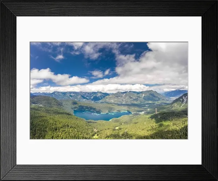 Framed Print : Aerial droe shot of Eibsee Lake at foot of Zugspitze in Germany Framed Print : Aerial droe shot of Eibsee Lake at foot of Zugspitze in Germany