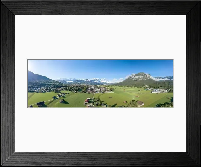 Framed Print : Aerial panorama view of Garmisch Partenkirchen Village with view of Zugspitze in fog Framed Print : Aerial panorama view of Garmisch Partenkirchen Village with view of Zugspitze in fog