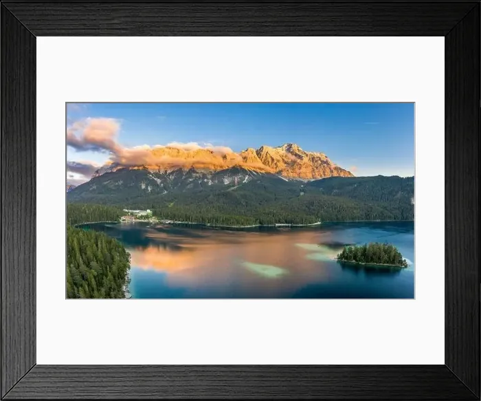 Framed Print : Aerial drone shot of Alpenglow with fog on Zugspitze by Eibsee lake in Germany Framed Print : Aerial drone shot of Alpenglow with fog on Zugspitze by Eibsee lake in Germany