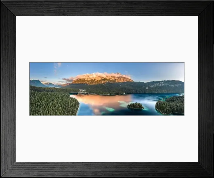 Framed Print : Panoramic aerial view of Alpenglow Zugspitze with fog by Eibsee lake in Germany sunset Framed Print : Panoramic aerial view of Alpenglow Zugspitze with fog by Eibsee lake in Germany sunset