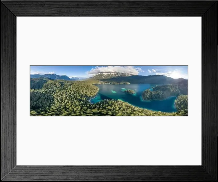 Framed Print : 360 Panoramic aerial view of Eibsee lake by Zugspitze in Germany summer before sunset Framed Print : 360 Panoramic aerial view of Eibsee lake by Zugspitze in Germany summer before sunset