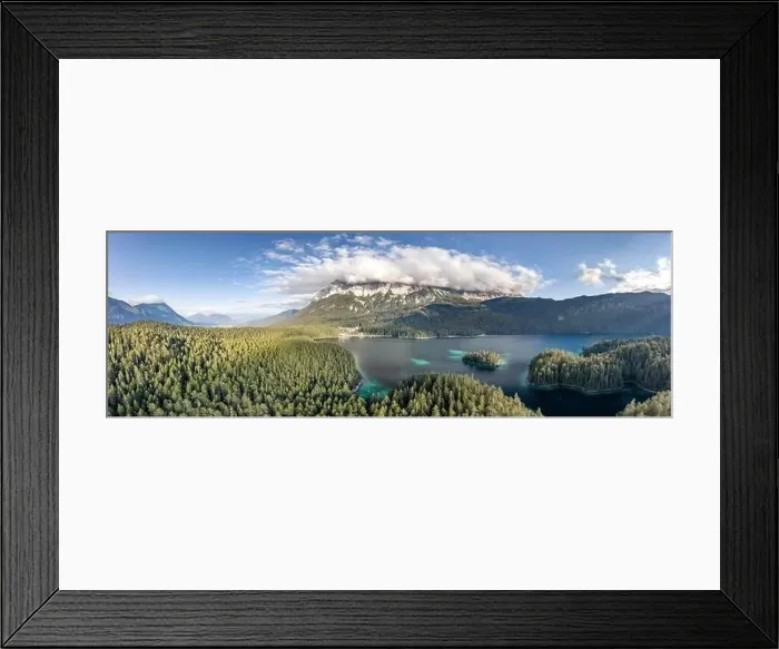 Framed Print : Panoramic aerial view of Zugspitze mountain heavy fog by Eibsee Lake in Germany