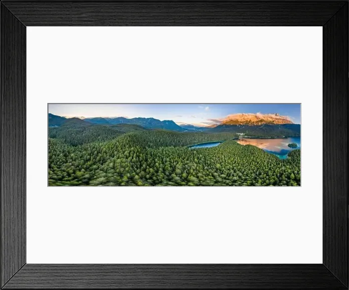 Framed Print : 360 panoramic aerial view of Alpenglow on Zugspitze with fog by Eibseelake in Germany Framed Print : 360 panoramic aerial view of Alpenglow on Zugspitze with fog by Eibseelake in Germany