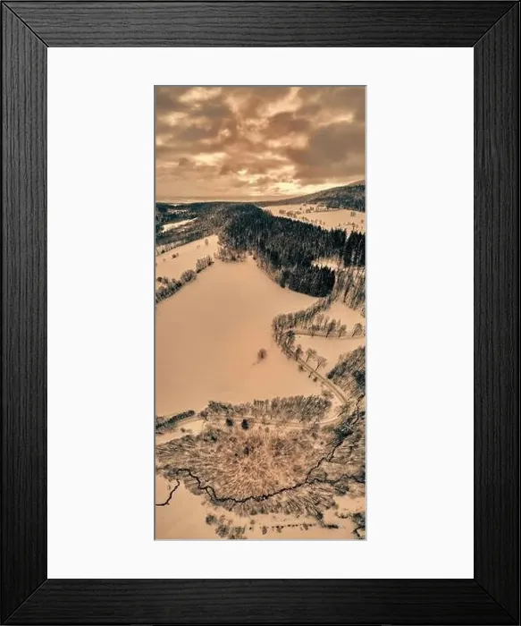 Framed Print : Beautiful panoramic aerial drone view on a winter landscape in the Stolowe mountains during a snowfall