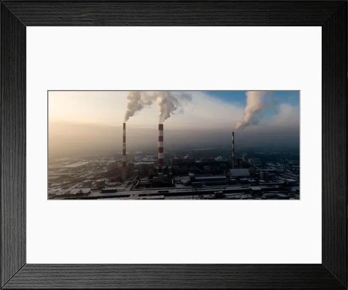 Framed Print : Aerial view of Industrial zone, plants and factories with smoke from chimneys. Air pollution concept. Panorama Framed Print : Aerial view of Industrial zone, plants and factories with smoke from chimneys. Air pollution concept. Panorama