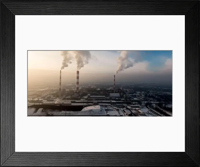 Framed Print : Aerial view of Industrial zone, plants and factories with smoke from chimneys. Air pollution concept. Panorama Framed Print : Aerial view of Industrial zone, plants and factories with smoke from chimneys. Air pollution concept. Panorama
