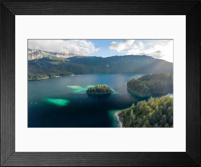 Framed Print : Aerial view of Eibsee lake island tree by Zugspitze before sunset in Germany Framed Print : Aerial view of Eibsee lake island tree by Zugspitze before sunset in Germany