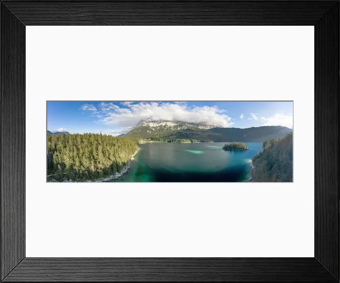 Framed Print : Panoramic aerial view of Zugspitze mountain heavy fog by Eibsee Lake in Germany