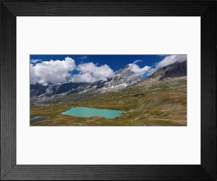 Framed Print : Aerial view of mount Cervino (Matterhorn) and Tramail de Vieille lake from the fields of Plan Maison Framed Print : Aerial view of mount Cervino (Matterhorn) and Tramail de Vieille lake from the fields of Plan Maison