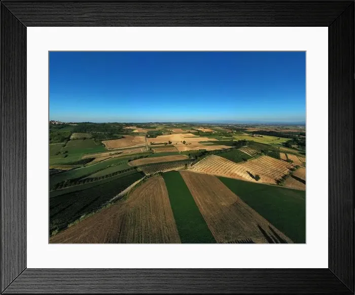 Framed Print : Aerial view of cultivated fields in Monferrato area during a sunny afternoon, Piedmont, northern Italy Framed Print : Aerial view of cultivated fields in Monferrato area during a sunny afternoon, Piedmont, northern Italy