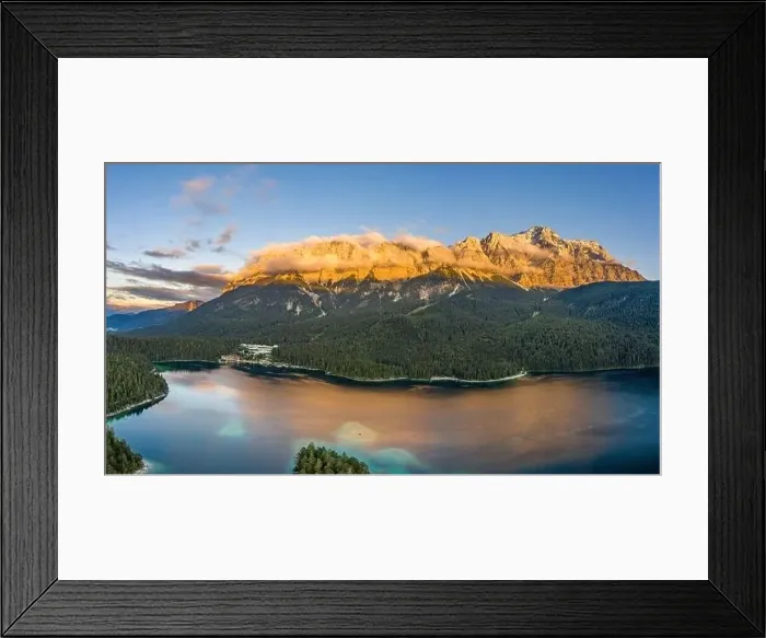 Framed Print : Aerial drone shot of Alpenglow with fog on Zugspitze by Eibsee lake in Germany