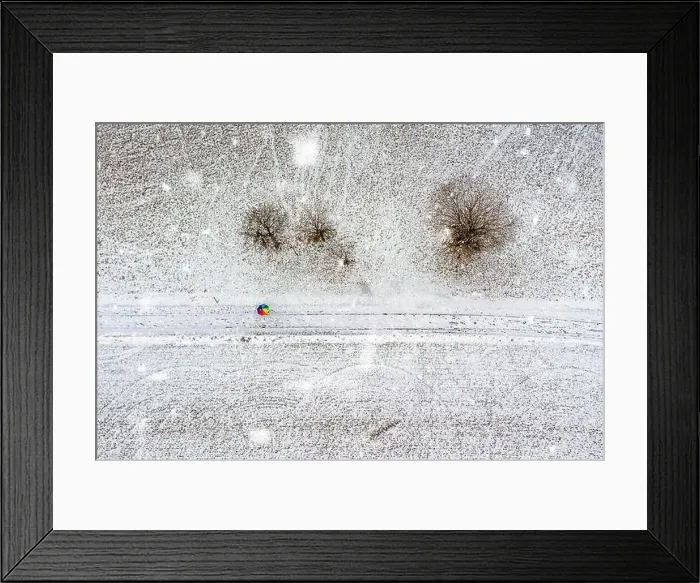 Framed Print : Aerial top down view at a colorful rainbow umbrella in the middle of a snow covered landscape at snowfall Framed Print : Aerial top down view at a colorful rainbow umbrella in the middle of a snow covered landscape at snowfall