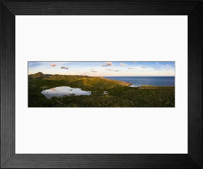 Framed Print : Aerial view above scenery of Curacao, Caribbean with ocean, coast, hills, lake Framed Print : Aerial view above scenery of Curacao, Caribbean with ocean, coast, hills, lake