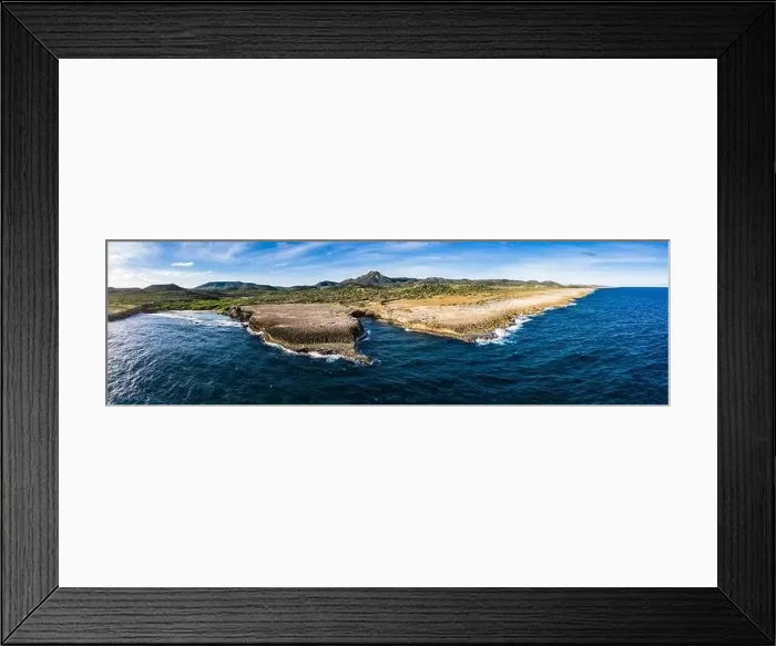 Framed Print : Aerial view above scenery of Curacao, Caribbean with ocean, coast, hills, lake Framed Print : Aerial view above scenery of Curacao, Caribbean with ocean, coast, hills, lake