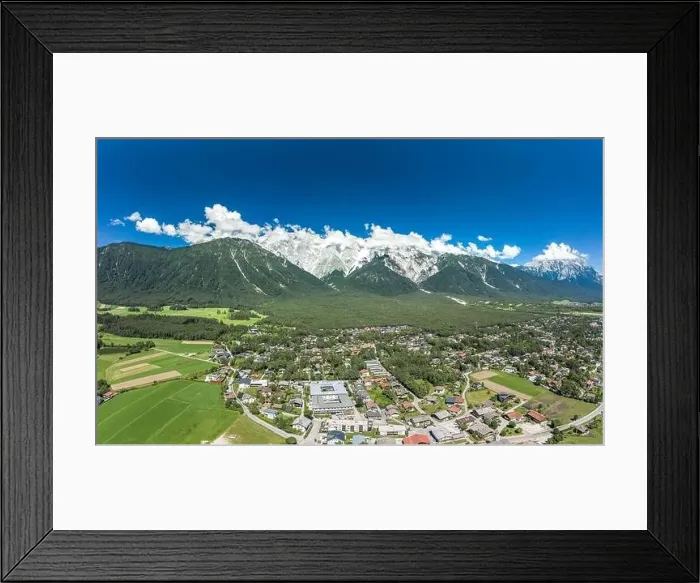 Framed Print : Aerial drone view of mieming mountain range in Obermieming valley village in Tyrol Austria Framed Print : Aerial drone view of mieming mountain range in Obermieming valley village in Tyrol Austria