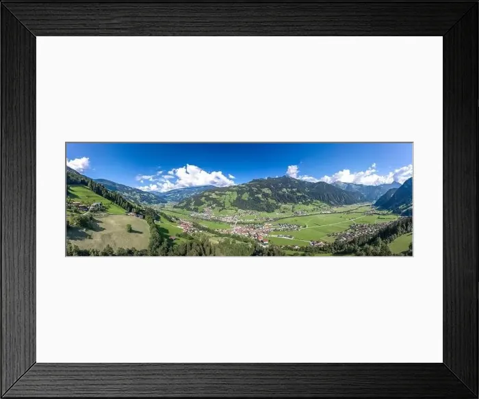 Framed Print : 360 Panorama Aerial view of Zillertal Valley village in sunny summer afternoon in Tyrol Austria
