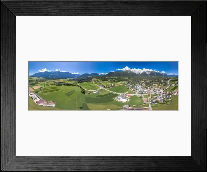 Framed Print : 360 Panorama Aerial view of mieming mountain range in Obermieming valley village in Tyrol Austria Framed Print : 360 Panorama Aerial view of mieming mountain range in Obermieming valley village in Tyrol Austria