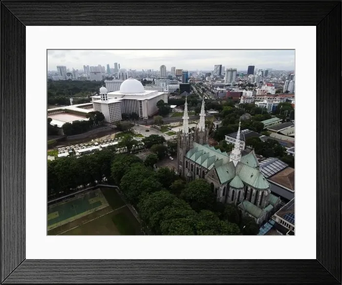 Framed Print : Aerial view of Jakarta cathedral and Istiqlal Mosque Framed Print : Aerial view of Jakarta cathedral and Istiqlal Mosque