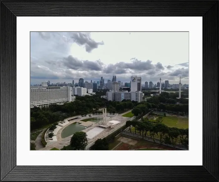 Framed Print : Aerial view of West Irian Liberation monument in downtown Jakarta and noise cloud with Jakarta cityscape Framed Print : Aerial view of West Irian Liberation monument in downtown Jakarta and noise cloud with Jakarta cityscape
