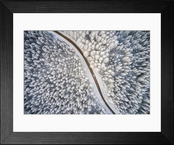 Framed Print : Beautiful winter forest and road. Aerial view Framed Print : Beautiful winter forest and road. Aerial view