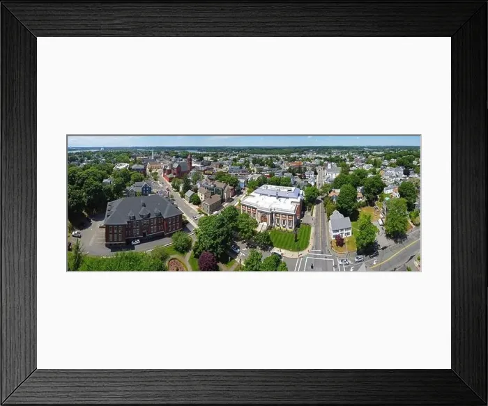 Framed Print : Beverly Public Library aerial view panorama at 32 Essex Street with Cabot Street at the background in historic city Framed Print : Beverly Public Library aerial view panorama at 32 Essex Street with Cabot Street at the background in historic city