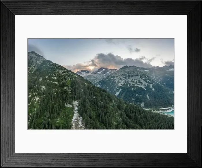 Framed Print : Aerial drone shot of Schlegeisspeicher resevoir with galcier view at dusk Framed Print : Aerial drone shot of Schlegeisspeicher resevoir with galcier view at dusk