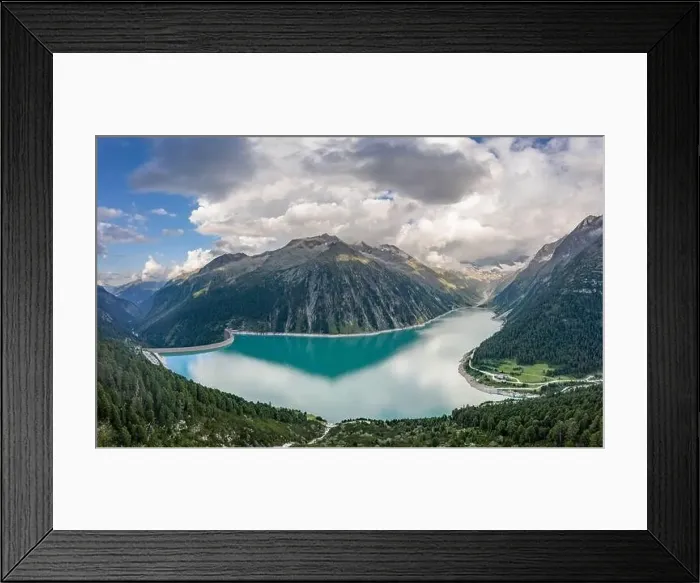 Framed Print : Aerial drone shot of Schlegeisspeicher resevoir with galcier view at dusk Framed Print : Aerial drone shot of Schlegeisspeicher resevoir with galcier view at dusk