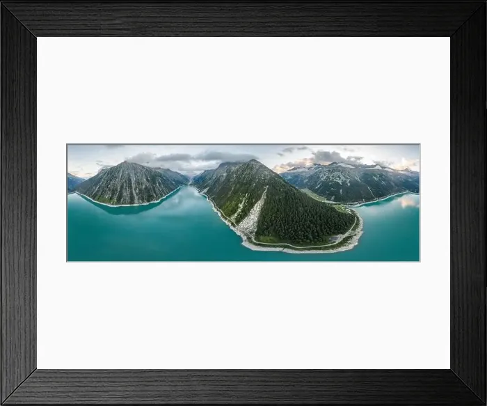 Framed Print : Aerial panorama drone shot of Schlegeisspeicher resevoir with galcier view at dusk Framed Print : Aerial panorama drone shot of Schlegeisspeicher resevoir with galcier view at dusk