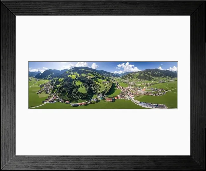Framed Print : 360 Panorama Aerial view of Zillertal Valley village in sunny summer afternoon in Tyrol Austria Framed Print : 360 Panorama Aerial view of Zillertal Valley village in sunny summer afternoon in Tyrol Austria