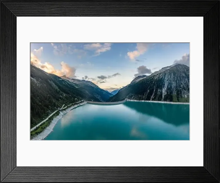 Framed Print : Aerial drone shot of Schlegeisspeicher resevoir with galcier view at dusk Framed Print : Aerial drone shot of Schlegeisspeicher resevoir with galcier view at dusk