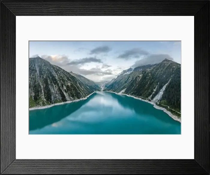 Framed Print : Aerial drone shot of Schlegeisspeicher resevoir with galcier view at dusk Framed Print : Aerial drone shot of Schlegeisspeicher resevoir with galcier view at dusk