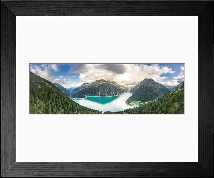 Framed Print : Aerial panorama drone shot of Schlegeisspeicher resevoir with galcier view at dusk Framed Print : Aerial panorama drone shot of Schlegeisspeicher resevoir with galcier view at dusk