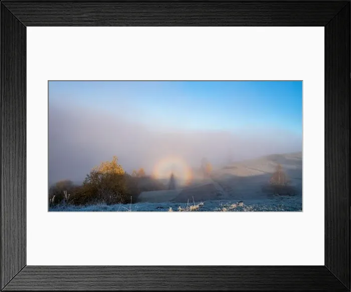 Framed Print : Sunrise over mountain hils covered with gray mist Framed Print : Sunrise over mountain hils covered with gray mist