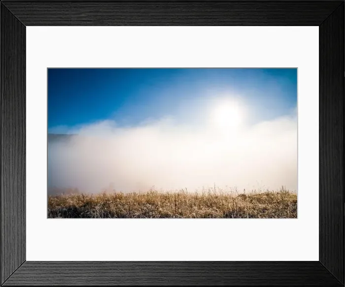Framed Print : Sunrise over mountain hils covered with gray mist Framed Print : Sunrise over mountain hils covered with gray mist