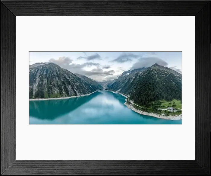 Framed Print : Aerial drone shot of Schlegeisspeicher resevoir with galcier view at dusk