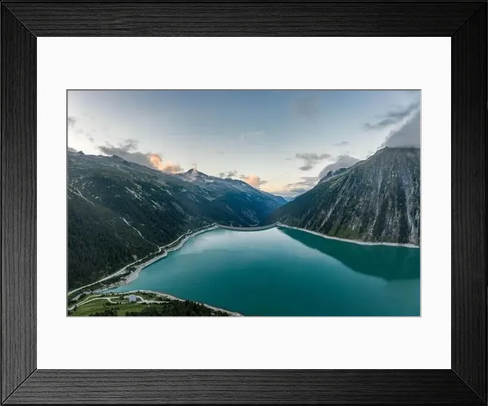 Framed Print : Aerial drone shot of Schlegeisspeicher resevoir with galcier view at dusk Framed Print : Aerial drone shot of Schlegeisspeicher resevoir with galcier view at dusk