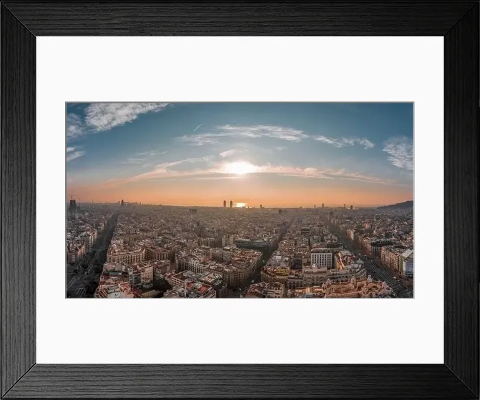 Framed Print : Aerial drone shot of Barcelona center with beach sunrise Framed Print : Aerial drone shot of Barcelona center with beach sunrise