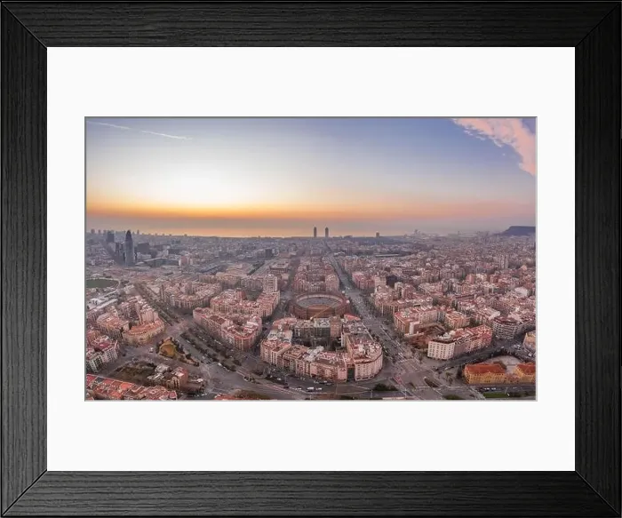 Framed Print : Aerial drone shot of Barcelona city before sunrise time Framed Print : Aerial drone shot of Barcelona city before sunrise time