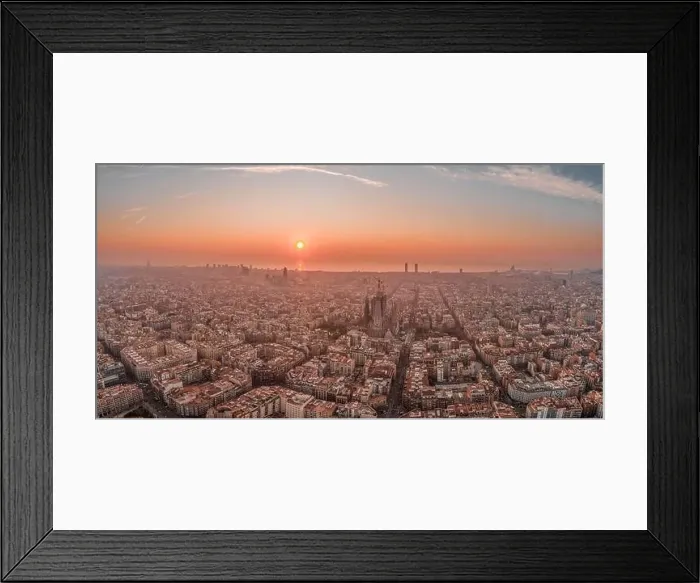 Framed Print : Panoramic aerial drone shot of Barcelona center with beach sunrise Framed Print : Panoramic aerial drone shot of Barcelona center with beach sunrise
